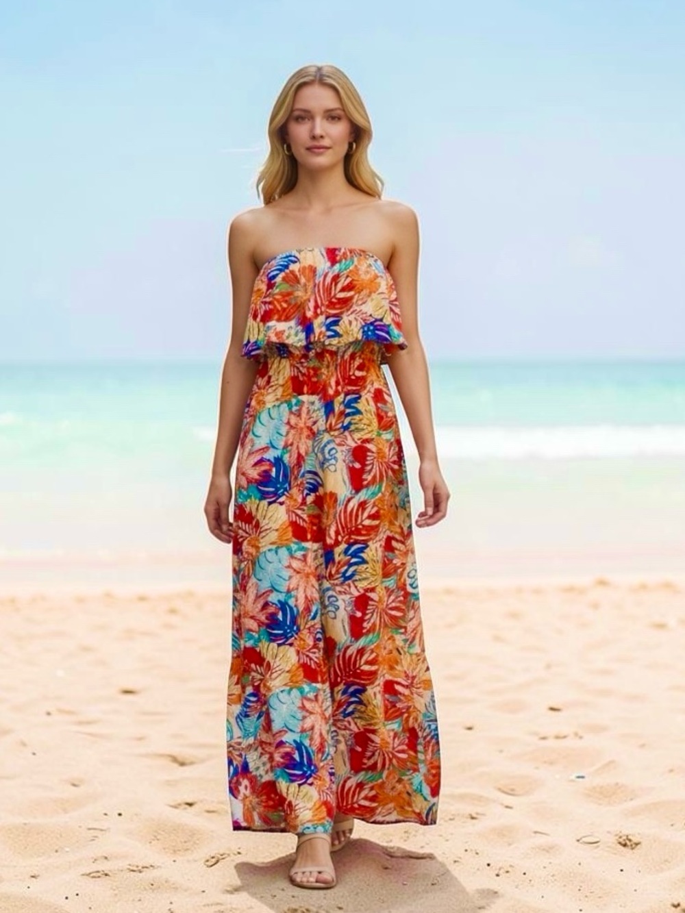Tropical Strapless Maxi Dress in Teal Floral‎ Print